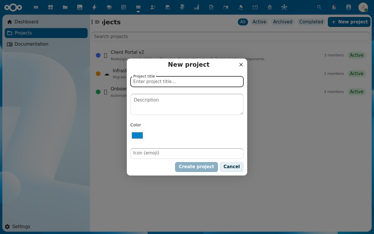 Create project dialog filled in